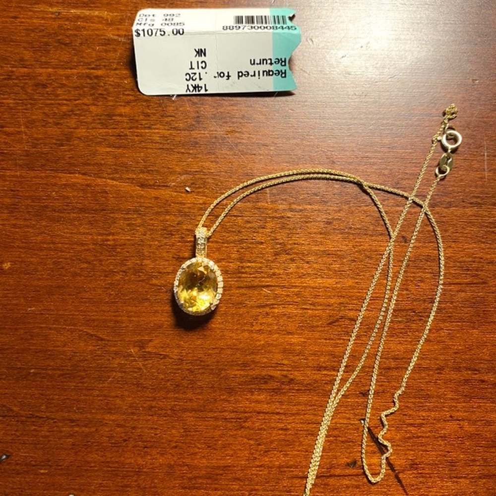 14k Yellow Natural Amber Diamond Pendant